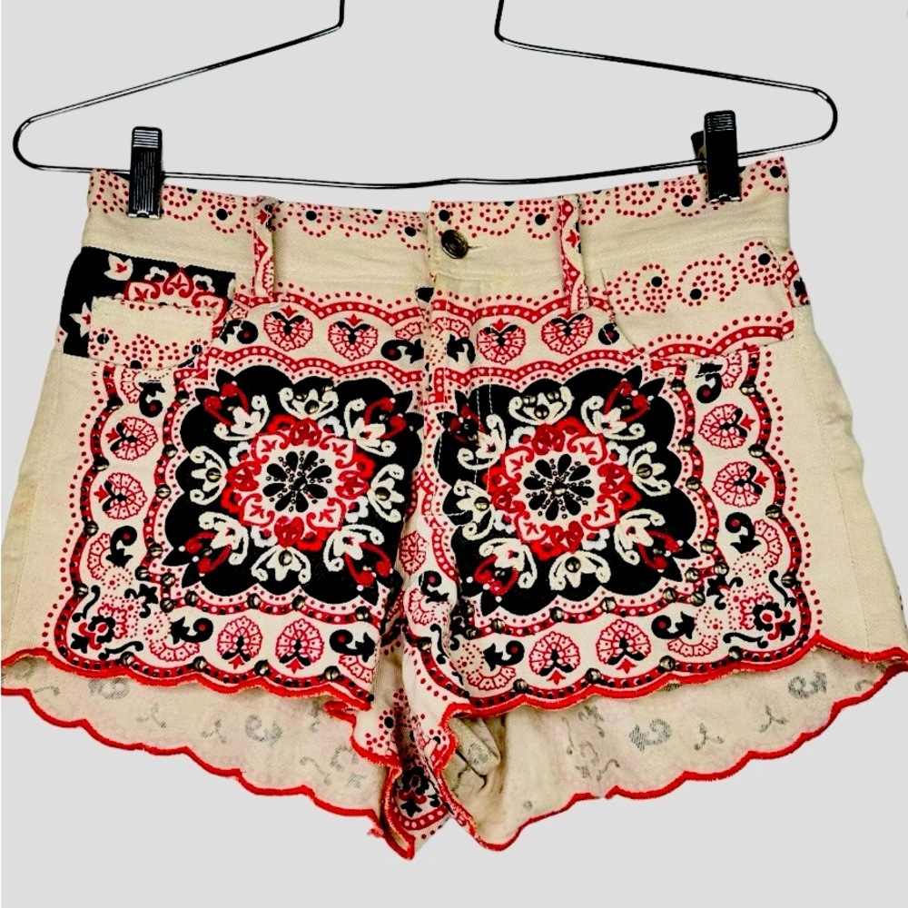 FARM Rio Cream Red Black Patterned Jean Shorts